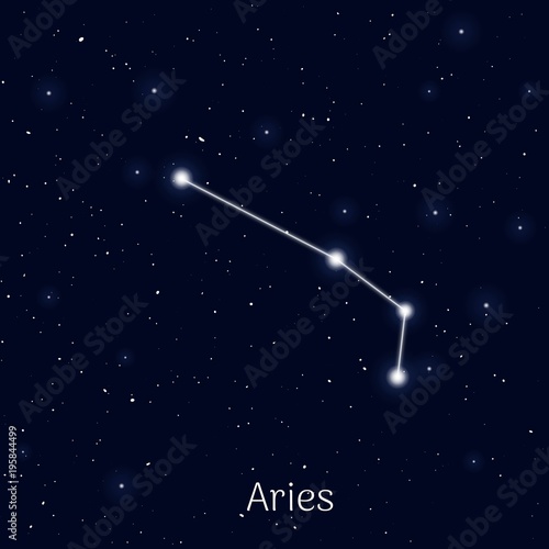 Sign zodiac aries, night sky background, realistic. Astrological symbol of strength, dedication and health. Vector illustration of ancient sacral theme