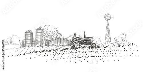 Farmer driving a tractor in the field near the farm hand drawn illustration. Vector. 