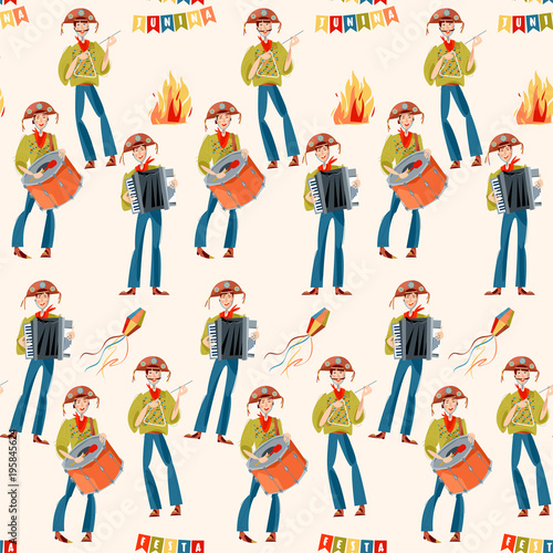 Brazilian holiday Festa Junina (the June party). Trio de Forró (a trio of musicians playing an accordion, a bass drum and a triangle). Seamless background pattern.