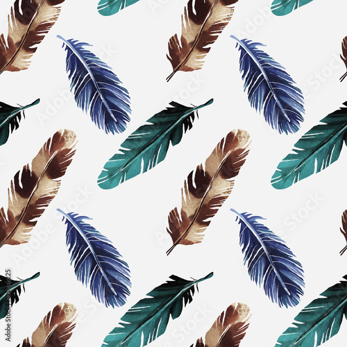Hand painted watercolor seamless pattern with feathers