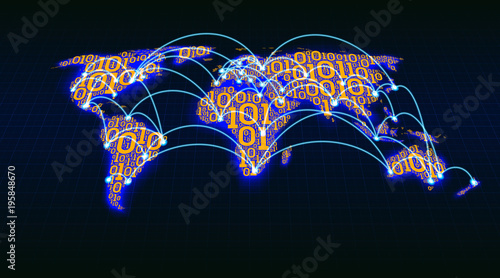 Abstract world map from digital binary code on a grid background, global Internet transactions between cities and countries