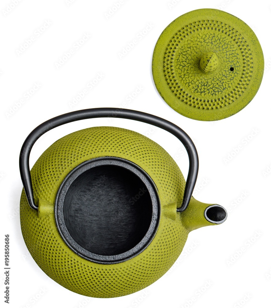 East green teapot with an open lid on a white background, view from the top East green teapot with an open lid on a white background, view from the top