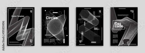 Abstract Background Cover / Flyer / Poster / Album Template Bundle - Black & White Geometrical Moire Shapes Minimal Lines