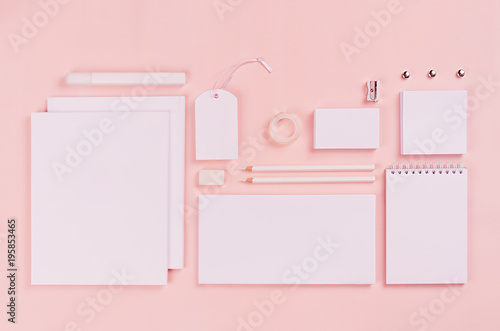 Corporate identity template, white blank stationery set on pastel pink stylish background. Mock up for branding, business presentations and portfolios. photo