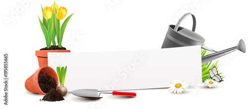 Gartenarbeit - Banner mit Gießkanne, Blumentöpfen, Blumenzwiebeln und Schaufel