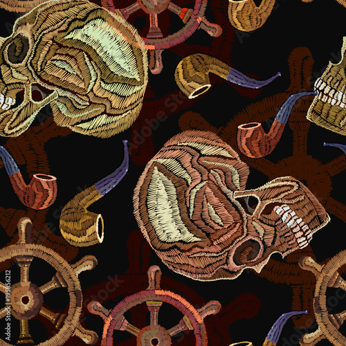 Embroidery skull pirate and steering wheel seamless pattern. Classical embroidery. Old pirate, sea adventures seamless background. Template for clothes, textiles, t-shirt design