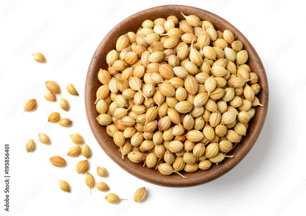 dried coriander seeds in the wooden plate, isolated on white, top view dried coriander seeds in the wooden plate, isolated on white, top view