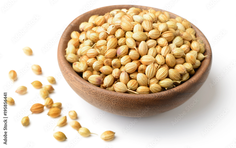 dried coriander seeds in the wooden plate, isolated on white dried coriander seeds in the wooden plate, isolated on white
