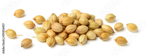 close up of dried coriander seeds isolated on white
