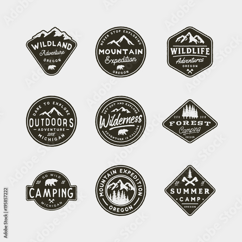set of vintage wilderness logos. hand drawn retro styled outdoor adventure emblems. vector illustration