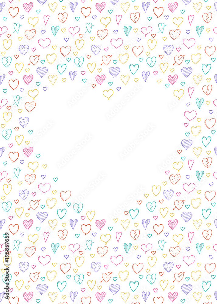 Background with hand drawn hearts nad copyspace. Template of a banner. Vector.
