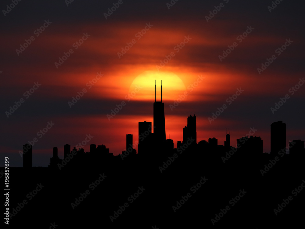 Chicago skyline silhouette with sunset illustration