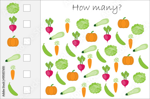 How many counting game with vegetables for kids, educational maths task for the development of logical thinking, preschool worksheet activity, count  and write the result, vector illustration
