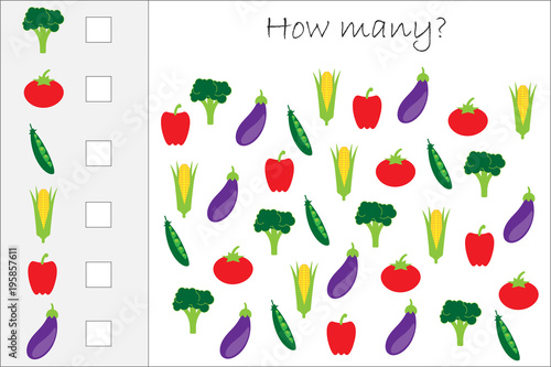 How many counting game with colorful vegetables for kids, educational maths task for the development of logical thinking, preschool worksheet activity, count  and write the result, vector illustration