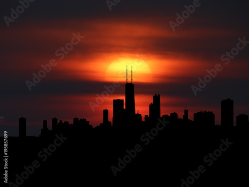 Chicago skyline silhouette with sunset illustration