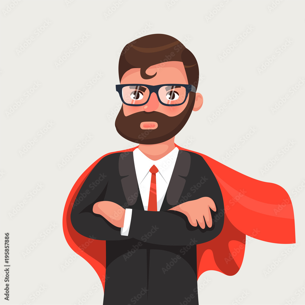 Businessman in glasses a red cloak. Superhero of business. Vector illustration in a flat style Businessman in glasses a red cloak. Superhero of business. Vector illustration in a flat style