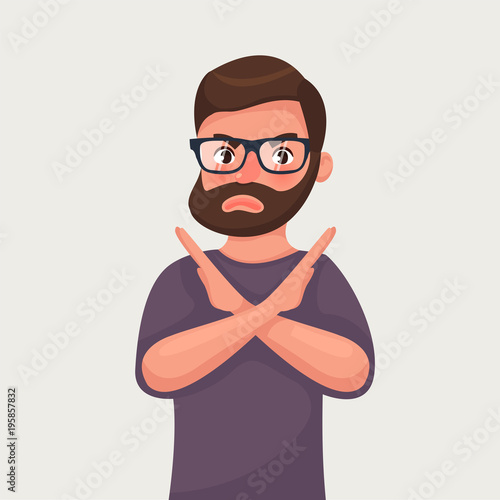 Man shows a gesture stop or no. Vector illustration in cartoon style