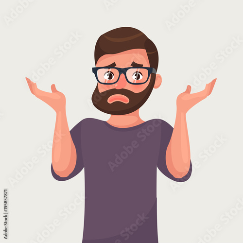 The man shrugs and spreads his hands. Vector illustration in cartoon style. Sorry or I do not know concept