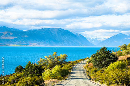 Obraz na plátně Beautiful scene of the road among yellow grassland beside lake tekapo before sunset