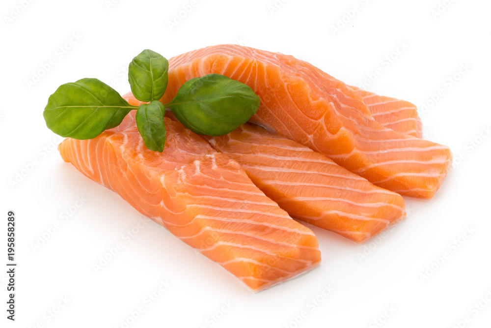 Fresh salmon fillet with basil on the white background. Fresh salmon fillet with basil on the white background.