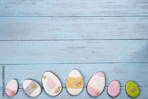 Sweets for celebrate Easter. Gingerbread in shape of easter eggs.