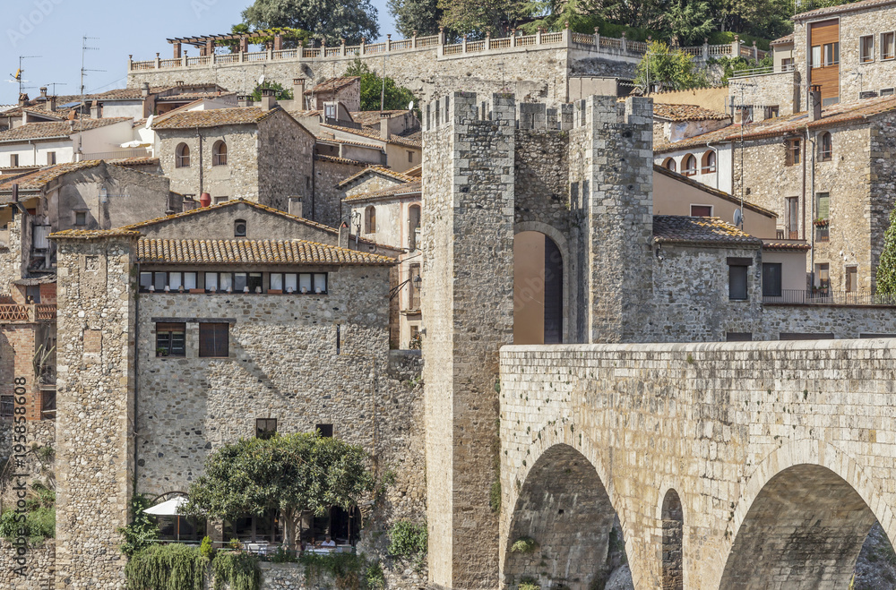 View ancient historic center of medieval village of Besalu, province Girona, Catalonia.Spain.