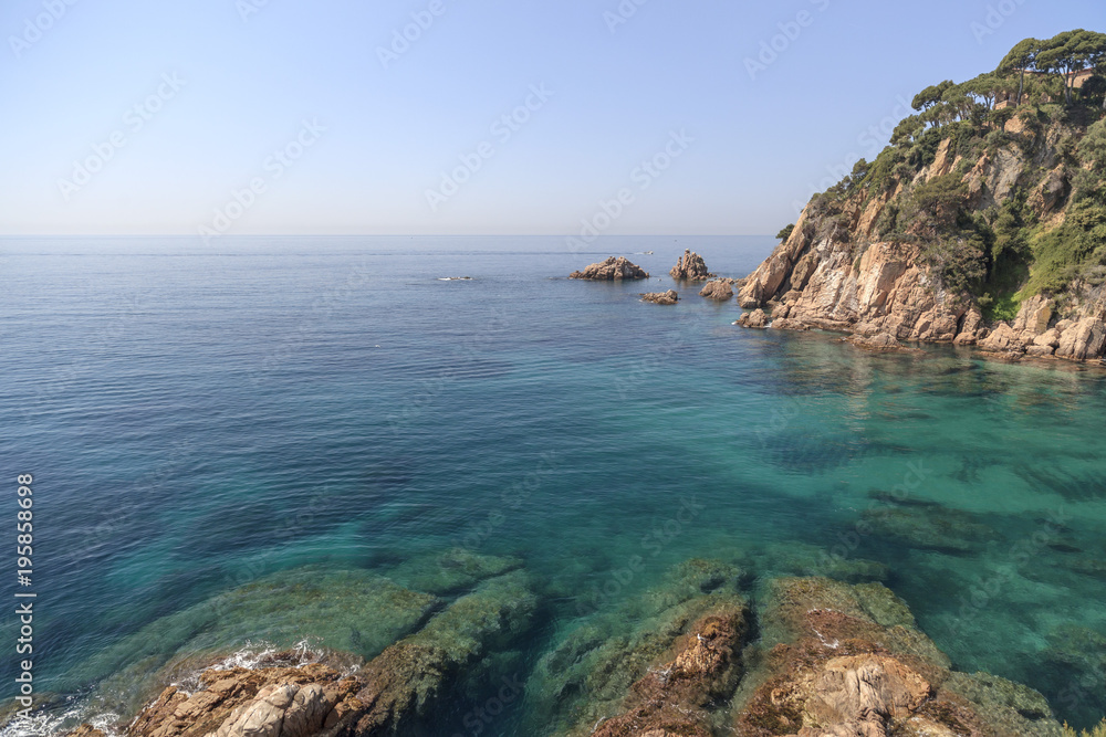 Mediterranean view, sea and cliffs in Blanes, Costa Brava, province Girona, Catalonia, Spain.