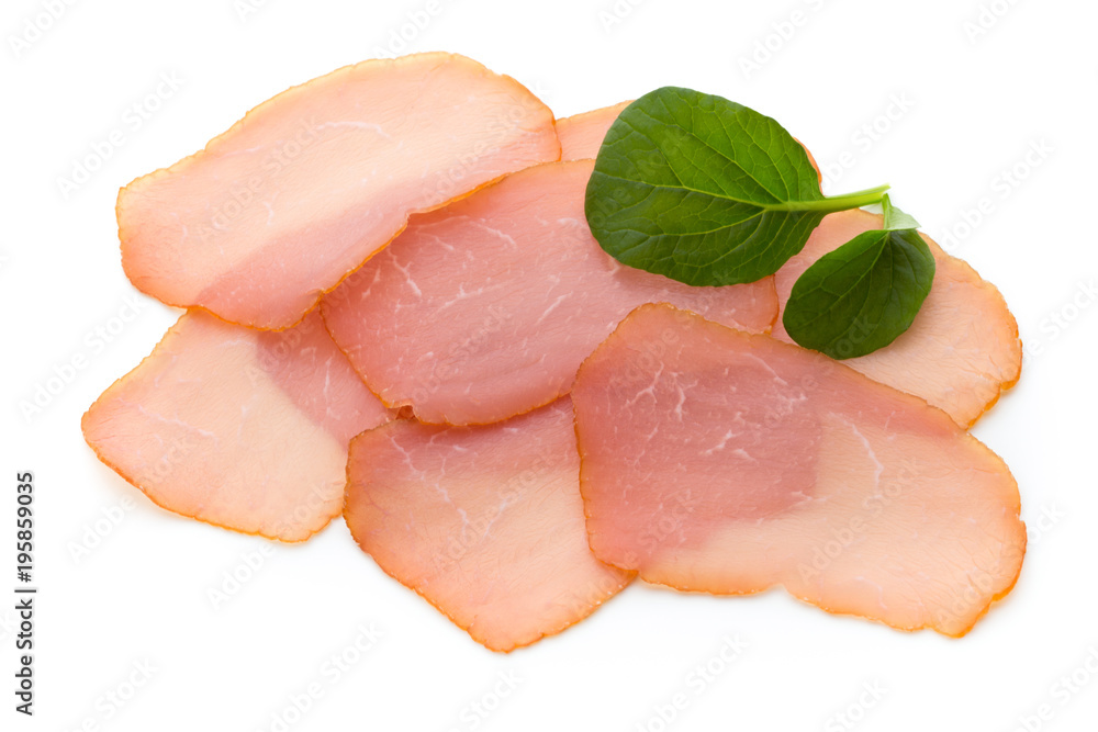 Sliced boiled ham sausage isolated on white background, top view. Sliced boiled ham sausage isolated on white background, top view.