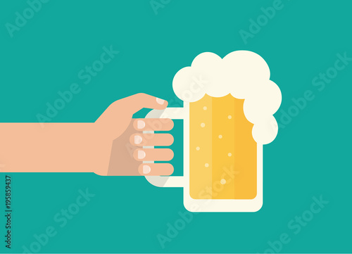 Men's hand holds a full-on mug of beer with a white foam. Isolated vector illustration flat design.
