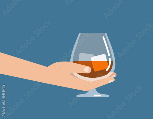 A men's hand is holding a glass with a whiskey with ice cubes. Isolated vector illustration flat design.