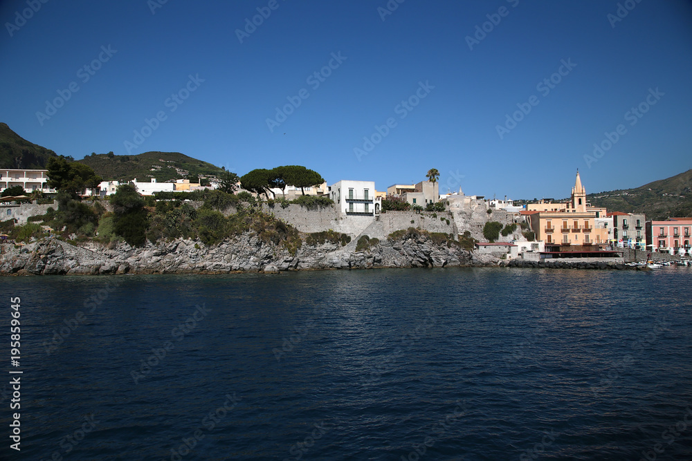 Aeolian (Lipari) archipelago, Italy. The city of Lipari: a picturesque view of the port and fortifications from the sea