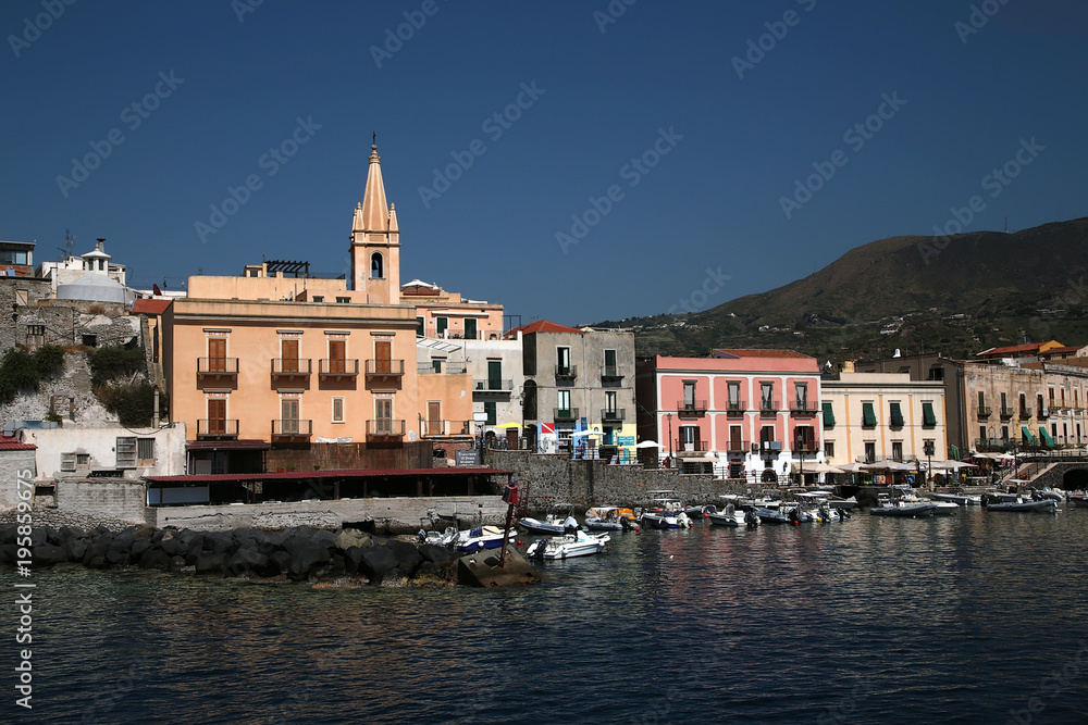 Aeolian (Lipari) archipelago, Italy. The town of Lipari: a picturesque view of the boat port