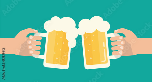 Two men's hands clinking by mugs with a cold beer. Isolated vector illustration flat design.