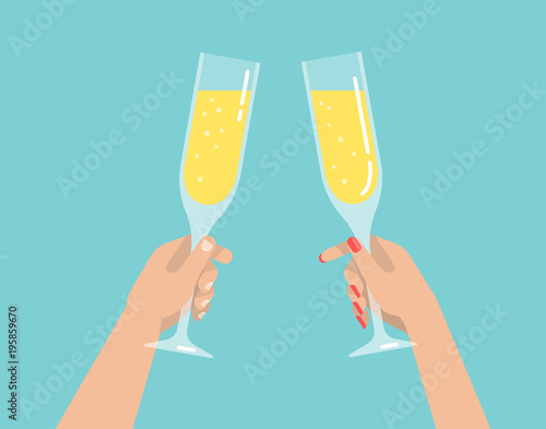 Men's and women's hands are clincking by wine glasses with a champagne. Friends meeting, romantic date concept. Isolated vector illustration flat design.