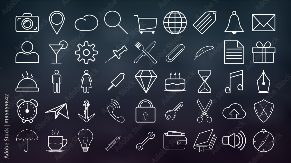 Set of outline icons Collection of high quality, white color for the design of websites and mobile applications. Set of outline icons Collection of high quality, white color for the design of websites and mobile applications.