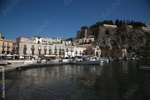Aeolian (Lipari) archipelago, Italy. Picturesque view of the port and the citadel in Lipari on a sunny afternoon