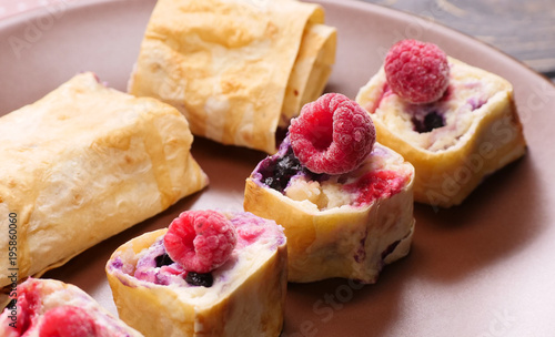 pancake with curd and raspberries. closeup photo