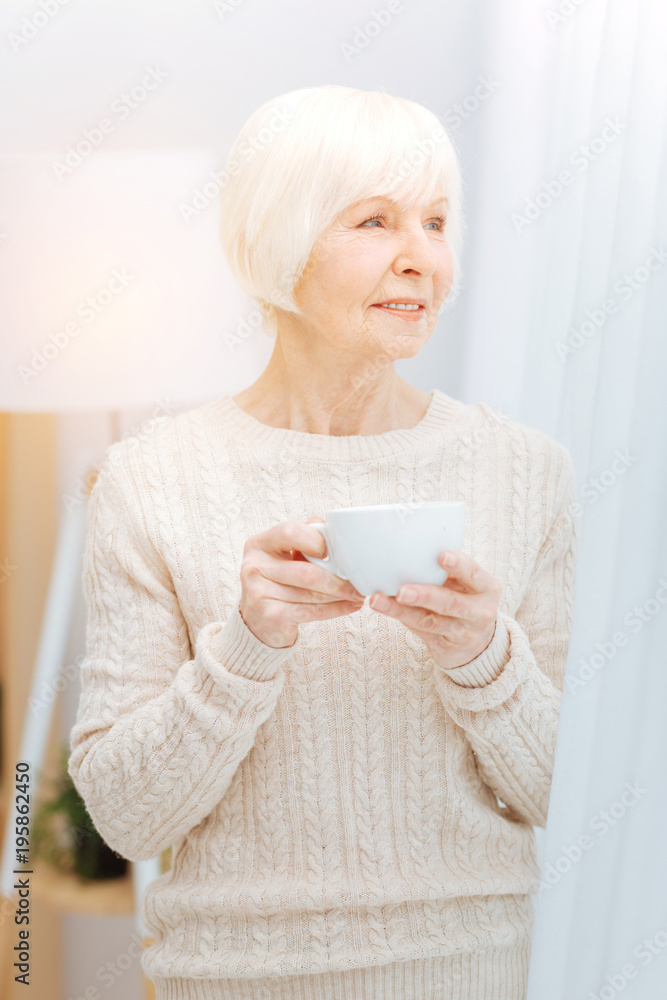 Calm glance. Calm pleasant aged woman looking thoughtful while standing next to the big window in her room and holding a nice cup of tea Calm glance. Calm pleasant aged woman looking thoughtful while standing next to the big window in her room and holding a nice cup of tea