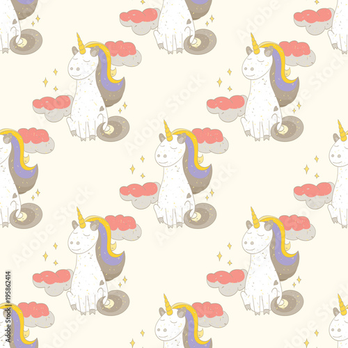 Fairytale unicorn seamless pattern. Cartoon style pattern design.