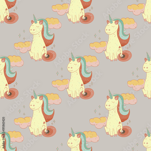 Fairytale unicorn seamless pattern. Cartoon style pattern design.