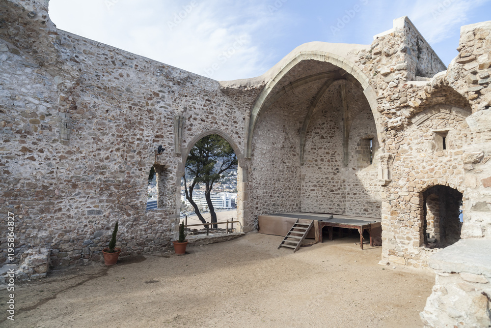 Ancient ruins old church Sant Vicens, gothic style in Tossa de Mar, historic center, vila vella, mediterranean village in Costa Brava, province Girona, Catalonia.Spain.