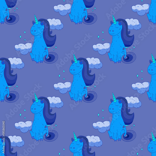 Fairytale unicorn seamless pattern. Cartoon style pattern design.