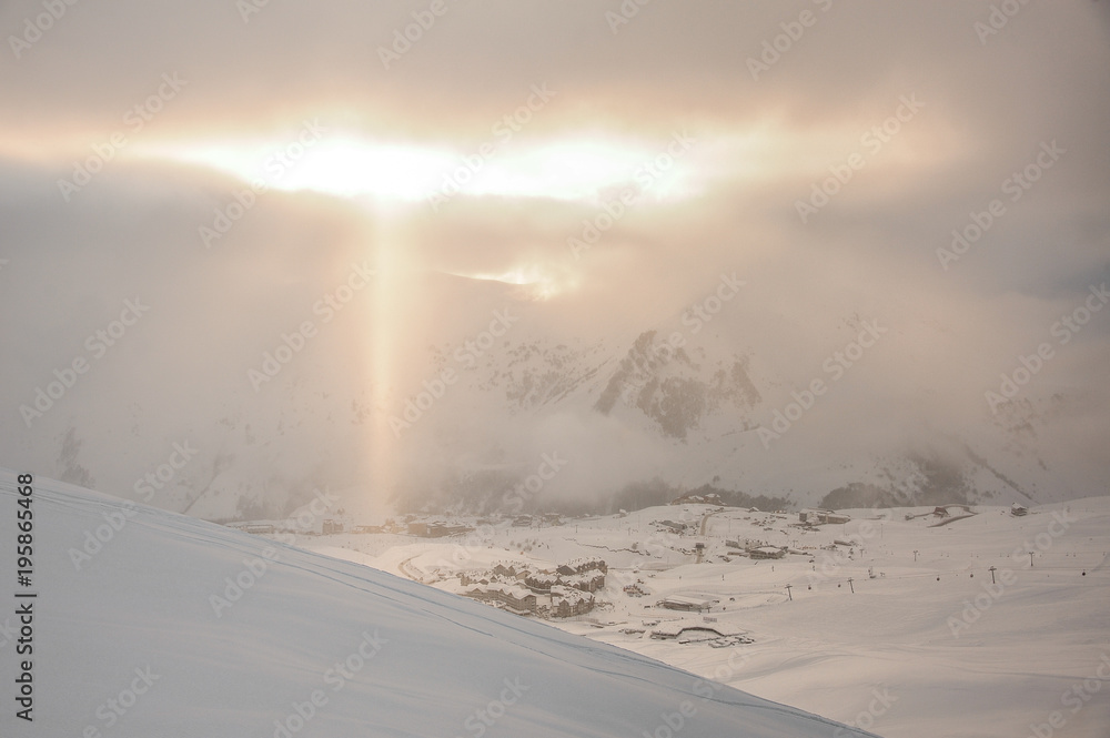 A beautiful breathtaking landscape of the village in Gudauri, Georgia