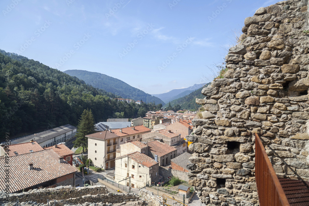 Ruins medieval castle and village view in Ribes de Freser, province Girona, Catalonia.Spain.