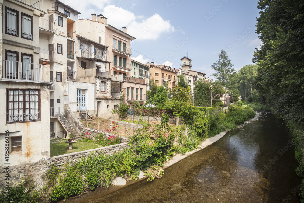  Village view, houses and Ter river in village of Camprodon, ripolles comarca region, province girona, Catalonia.Spain.