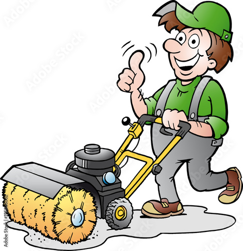 Cartoon Vector illustration of a Happy Gardener with his Sweeping Machine