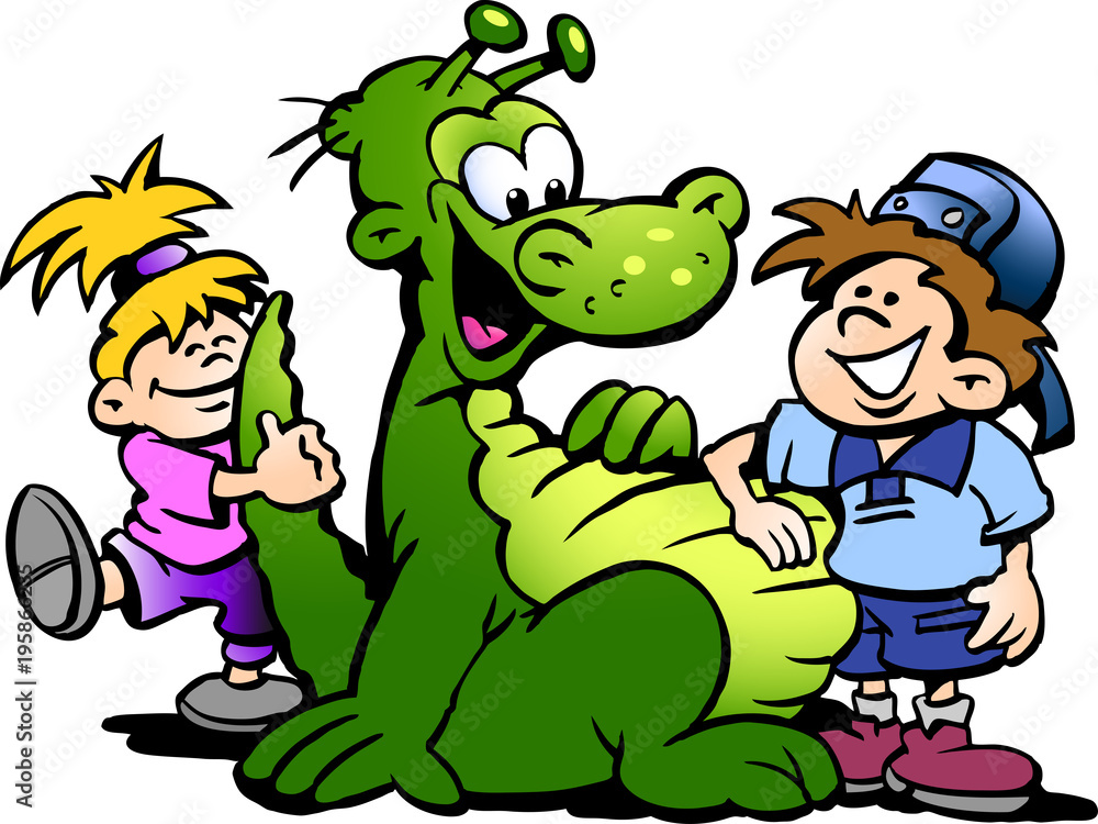 Obraz premium Cartoon Vector illustration of a Dinosaur having fun with Kids