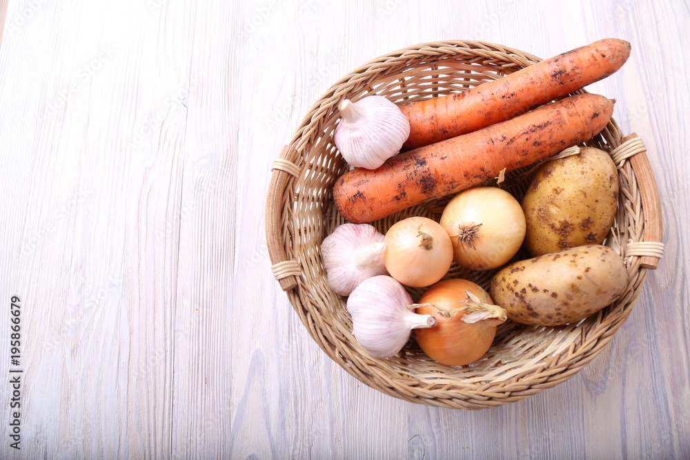 Basket with vegetables. Top view. Space for text Basket with vegetables. Top view. Space for text