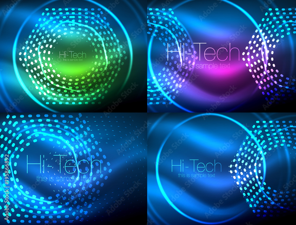 Set of glowing neon techno shapes, abstract background collection. Vector futuristic magic space wallpapers Set of glowing neon techno shapes, abstract background collection. Vector futuristic magic space wallpapers