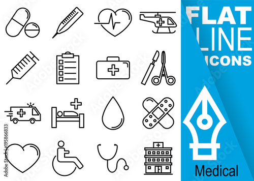 Editable stroke. Simple Set of medical vector flat line Icons - pill, thermometer, pulse, helicopter, injection, paper, suitcase, scalpel, ambulance, bed, blood, patch, heart, wheelchair, hospital